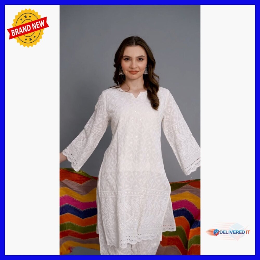 Hand Embroidered Cotton Kurta Set with Pant Dupatta Traditional Indian Tunic - Picture 7 of 7